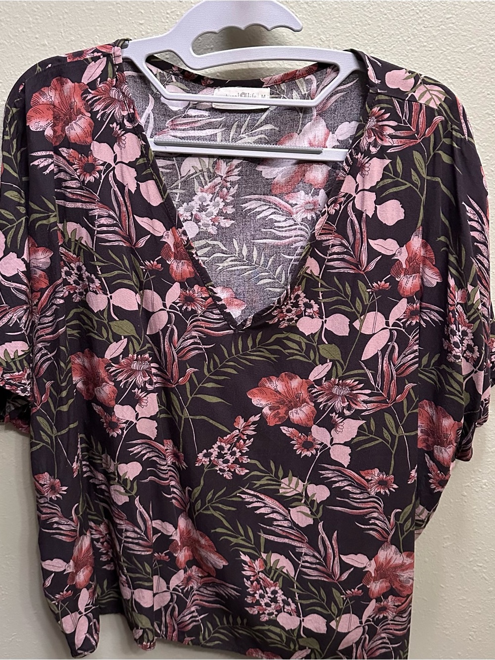 NATURAL LIFE Black Floral V-Neck Blouse with Pink & Olive Accents